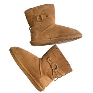 BEARPAW ANKLE SHERLING BOOTS Women's Size 8 Tan Brown Round Toe Faux Fur Leather